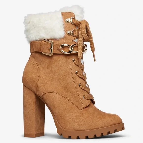 NIB Tan Faux Suede Faux Fur Block Heel Booties - Picture 3 of 5